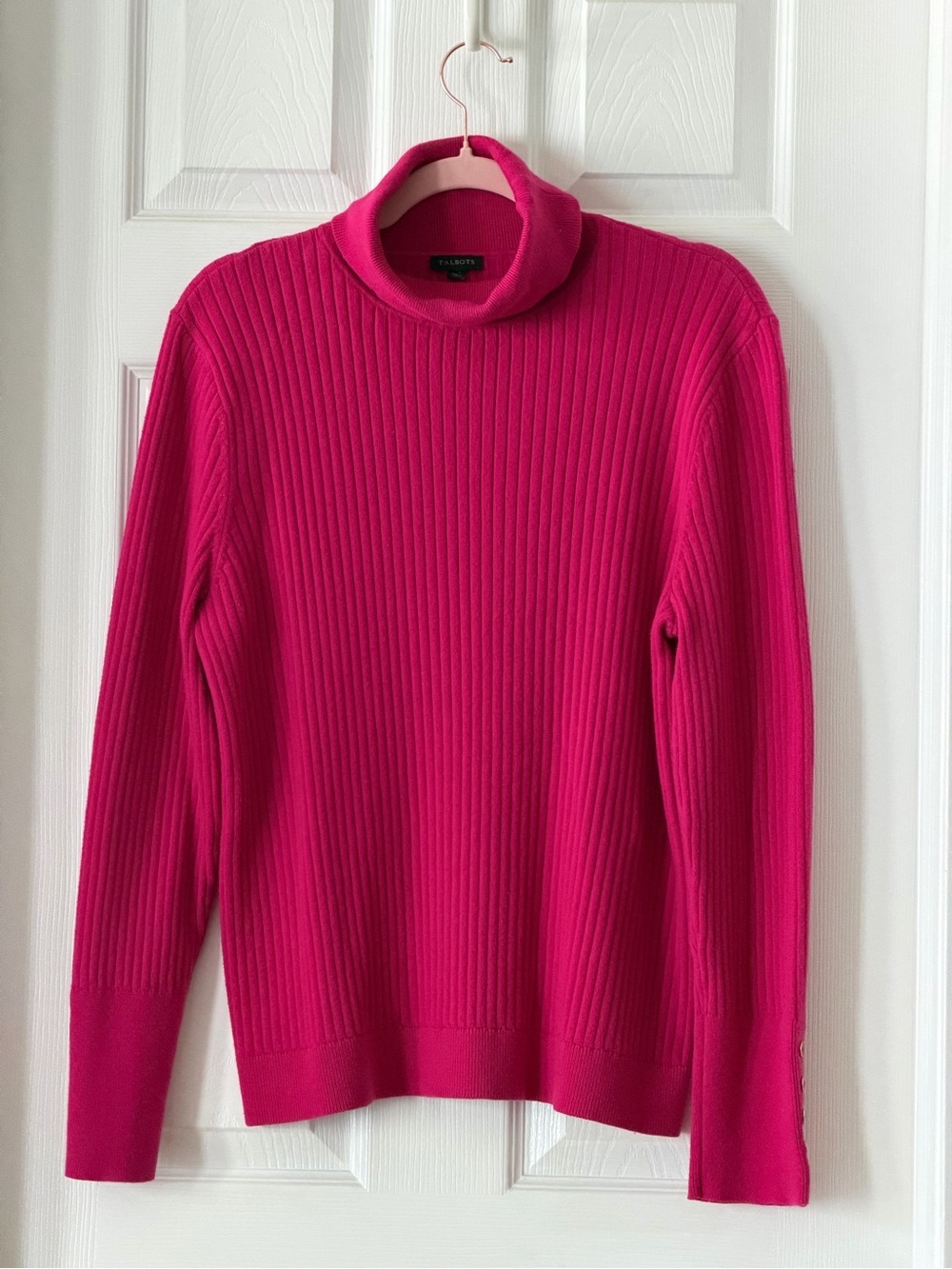 Talbots Button Cuff Ribbed Turtleneck Sweater. Fuschia